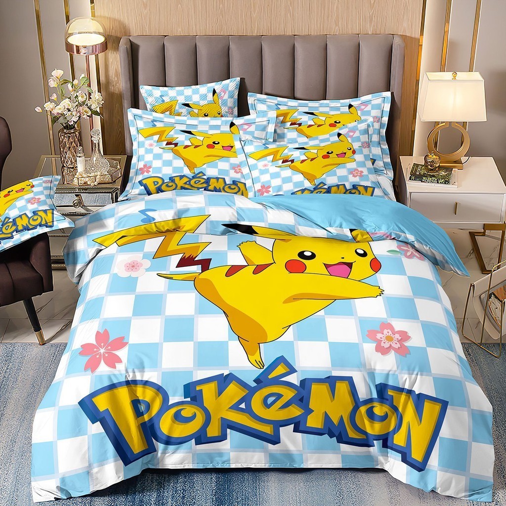 PS1 Pokemon Pikachu 3IN1 Ga trải giường Vỏ chăn gối Bộ chăn ga gối chất lượng cao cấp Bộ đồ giường có thể giặt được tại nhà Bộ đồ phòng ngủ SP1