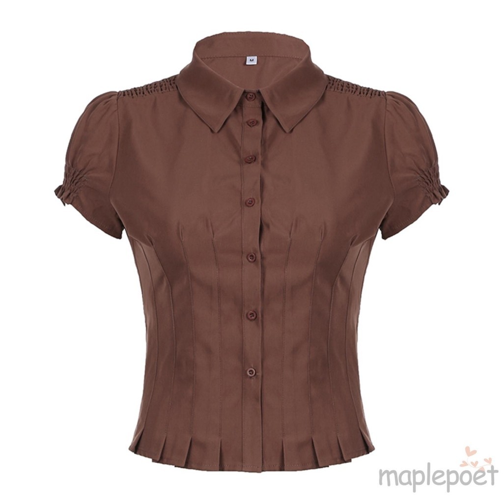 Maplepoet-áo Sơ Mi Nữ Tay Ngắn Màu Trơn Xếp Ly Nút Áo Thời Trang Mùa Hè Mỏng Áo Dạo Phố