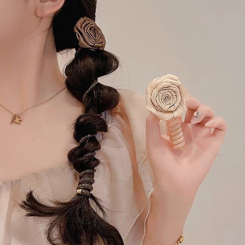 Vòng Tóc Dây Điện Thoại Nữ - Hiện Vật Bện Đuôi Ngựa Bong Bóng - Phụ Kiện Tóc Thời Trang - Ngọt Ngào Dễ Thương Hàn Quốc Thanh Lịch, Đàn Hồi Cao - Nhẫn Tóc Xoắn Ốc Hoa Hồng