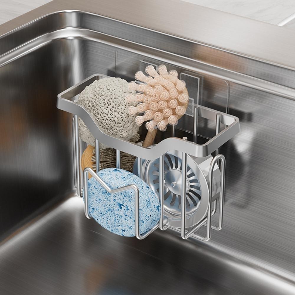Giá đỡ miếng bọt biển YOKEY, Dụng cụ sắp xếp bồn rửa nhà bếp bằng thép không gỉ chống gỉ, Tiết kiệm chất lượng không gian Khay thoát nước đa chức năng Nhà bếp