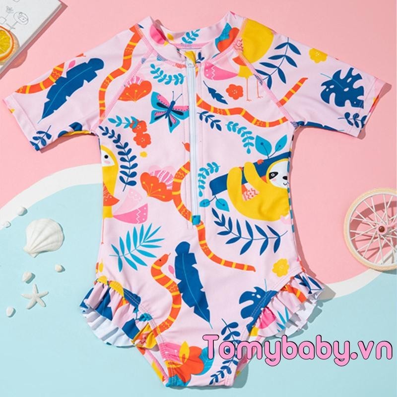 Đồ Bơi Bé Gái Nhiều Màu Sắc In Hình Hoạt Hình Xù Viền Tay Ngắn Dây Kéo Đồ Bơi