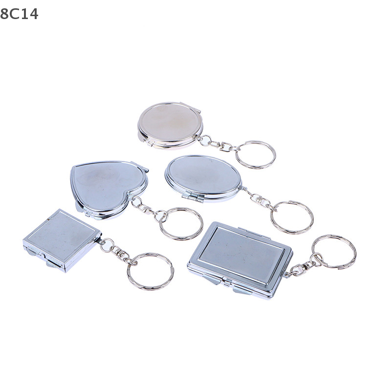 Gương trang điểm kim loại gấp móc khóa, hình trái tim/tròn/vuông, thiết kế 8C14 [8C]