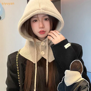 Siyuyan Mùa Đông Ấm Áp Dệt Kim Balaclava Mũ Nữ Màu Trơn Có Mũ Trùm Đầu Ngoài Trời Mũ Chui Đầu Mũ Cashmere VN