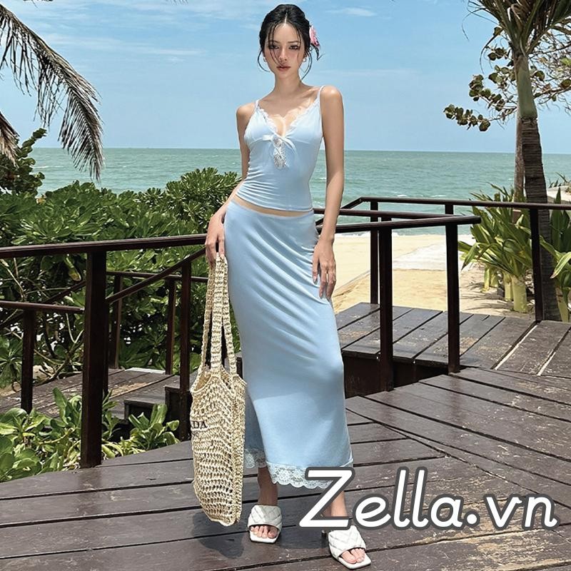 Bộ trang phục mùa hè 2 món dành cho nữ Áo hai dây không tay + Bộ váy dài