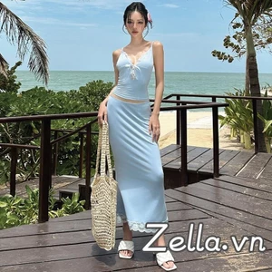 Bộ trang phục mùa hè 2 món dành cho nữ Áo hai dây không tay + Bộ váy dài