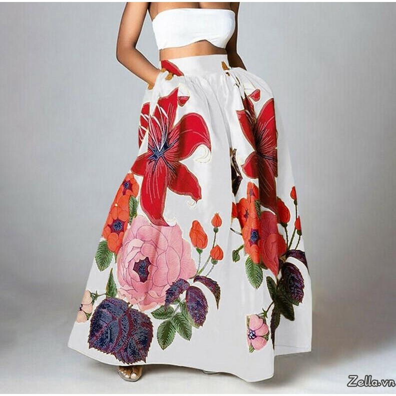 Váy dài nữ Bohemian in hoa túi dáng rộng vừa vặn eo co giãn Váy phồng