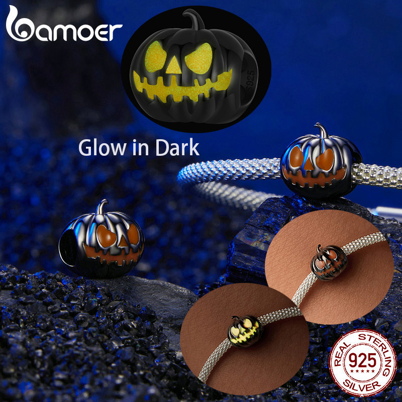 Bamoer 925 Sterling Sliver Charm Halloween Phát Sáng Trong Bóng Tối Họa Tiết Đầu Lâu Bí Ngô Cho Vòng Tay