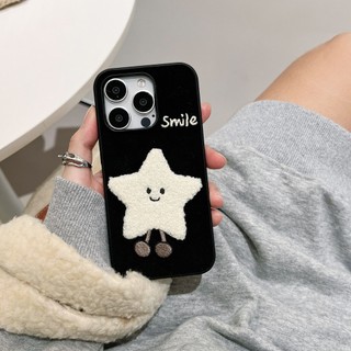 Hoạt Hình Dễ Thương Sang Trọng Ngôi Sao Mặt Trăng Đen Flannel Ốp Lưng Điện Thoại iPhone 16 15 14 13 Pro Max Nữ Tính Mùa Đông