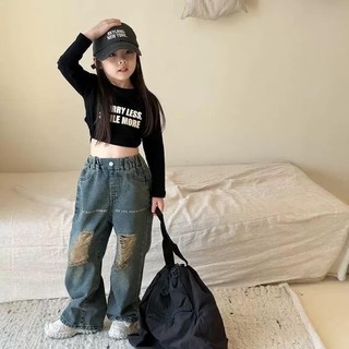 S311-[tomnaukid] Set áo dài tay phối quần jean suông ống rộng rách cho bé gái size từ 8-30Kg