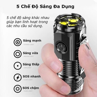 Đèn pin cầm tay mini siêu sáng chiếu xa, pin trâu, 5 chế độ sáng, đèn pin mini cầm tay có móc gài tiện dụng