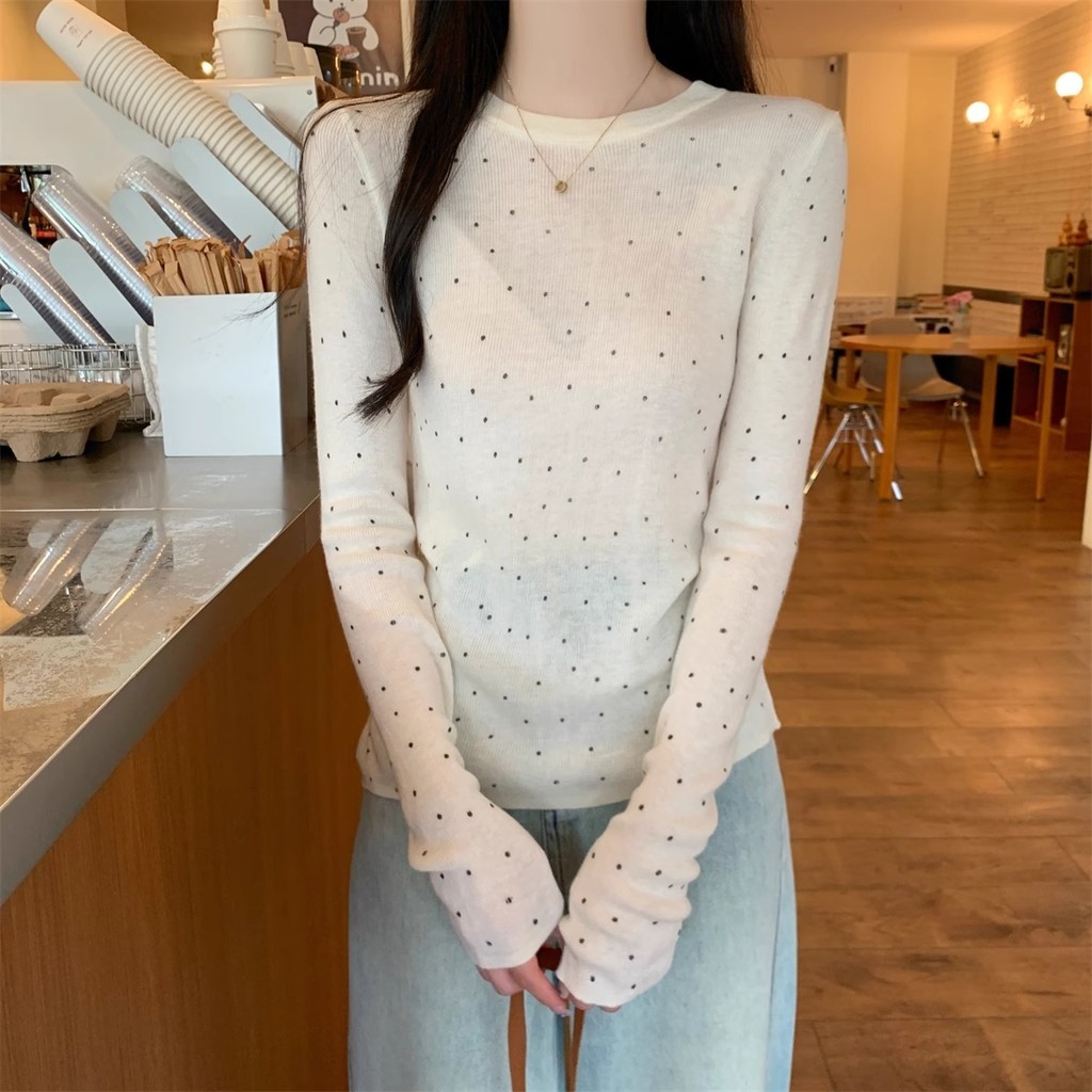 Áo mặc trong cổ tròn chấm bi cổ điển Milyfashion áo dài tay vai hot girl tôn dáng mặc trong thu đông cho nữ