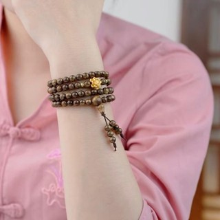 [TẶNG LỘC RÙA VÀNG ] Vòng Tay Trầm Hương 108 Hạt Size 6Li Mix Charm Hoa Sen MẠ VÀNG - Kèm Hộp Gấm Đựng Vòng Phụ Kiện