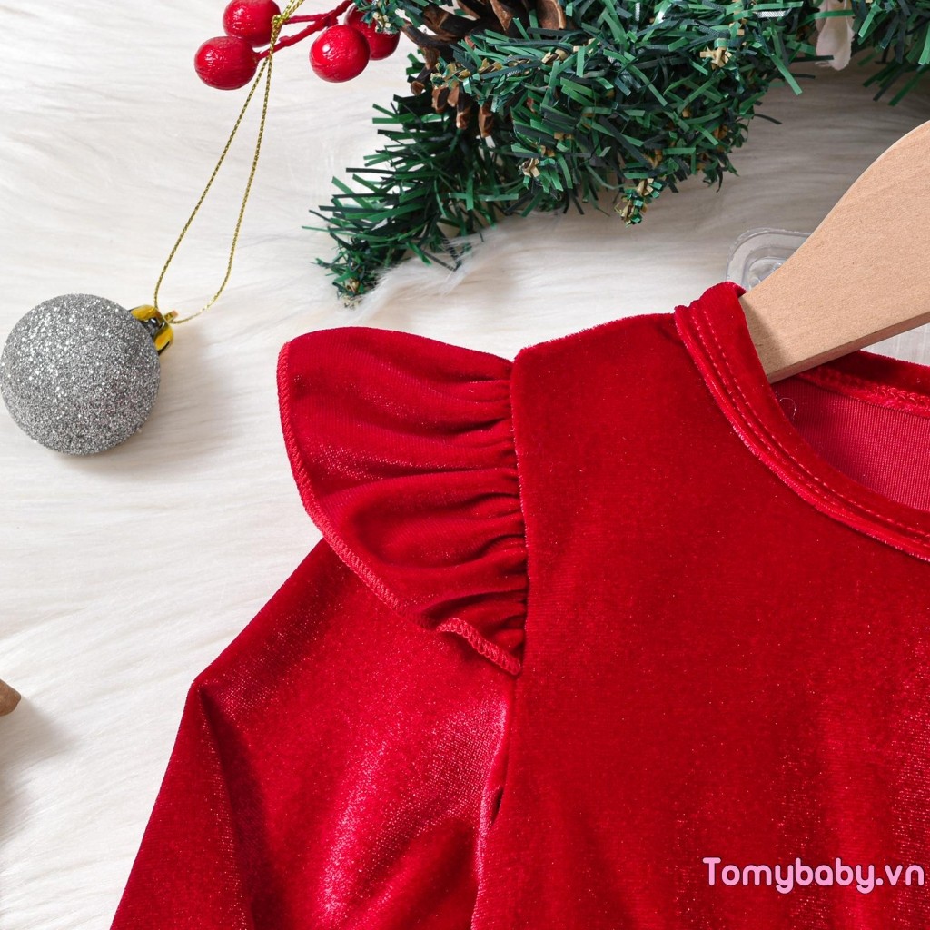 Trẻ Em Bé Gái Trang Phục Giáng Sinh Ruffle Sang Trọng Viền Cổ Tròn Tay Dài Đầm Đỏ + Mũ Ông Già Noel 2 Bộ