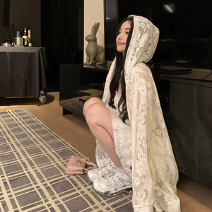 Suxi Mới Thường Ngày Pháp Retro Màu Trơn Có Mũ Trùm Đầu Dài Tay Áo Cardigan Nữ 241020