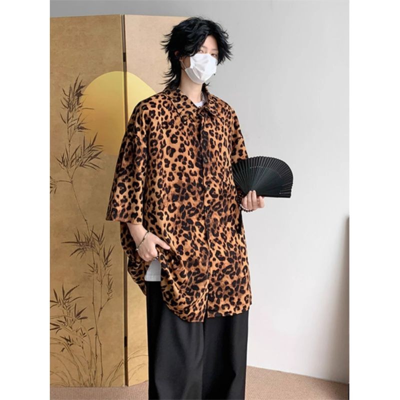 CN Vintage Cổ Cuba Cổ Da Báo In Áo Sơ Mi Tay Ngắn Nam Nữ, Hợp Thời Trang Rời Phù Hợp Với Mùa Hè Top