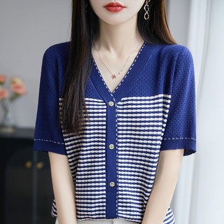 Mùa Hè 2025 Phong Cách Mới Dệt Kim Cardigan Mỏng Ngắn Tay Áo Thun Chui Đầu Bên Ngoài Mặc Bao Thịt Đơn Giản