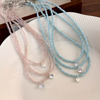 Vòng cổ ngắn nữ pha lê và zircon màu xanh hồng, phong cách Hàn Quốc đơn giản dễ thương, phù hợp cho mùa hè
