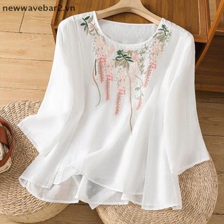 Áo sơ mi cotton dáng rộng, thêu cổ tròn - phong cách cổ điển thoáng mát cho mùa hè