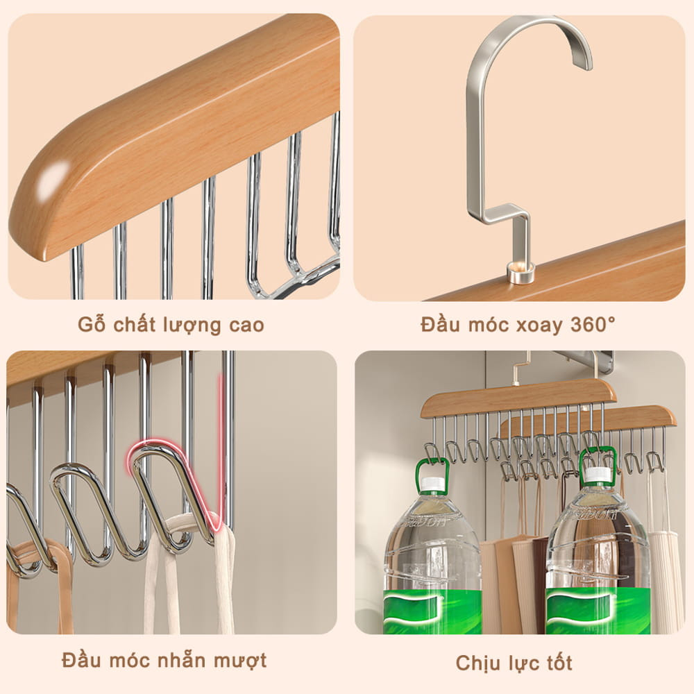 Móc Gỗ Treo Đồ Đa Năng Móc Treo Đồ Lót Khăn Thắt Lưng Cà Vạt Áo 2 Dây Có Thể Xoay 360 Độ