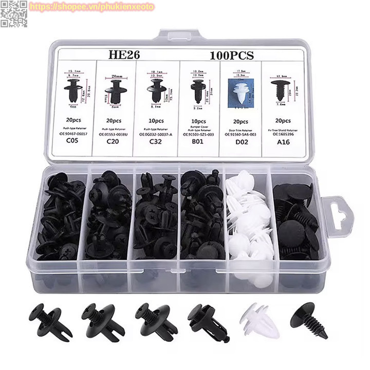 【24H】Set 100 đinh tán nhựa, ốc vít nhựa, chốt nở cho phụ tùng xe ô tô chốt nhựa vít nở nhựa