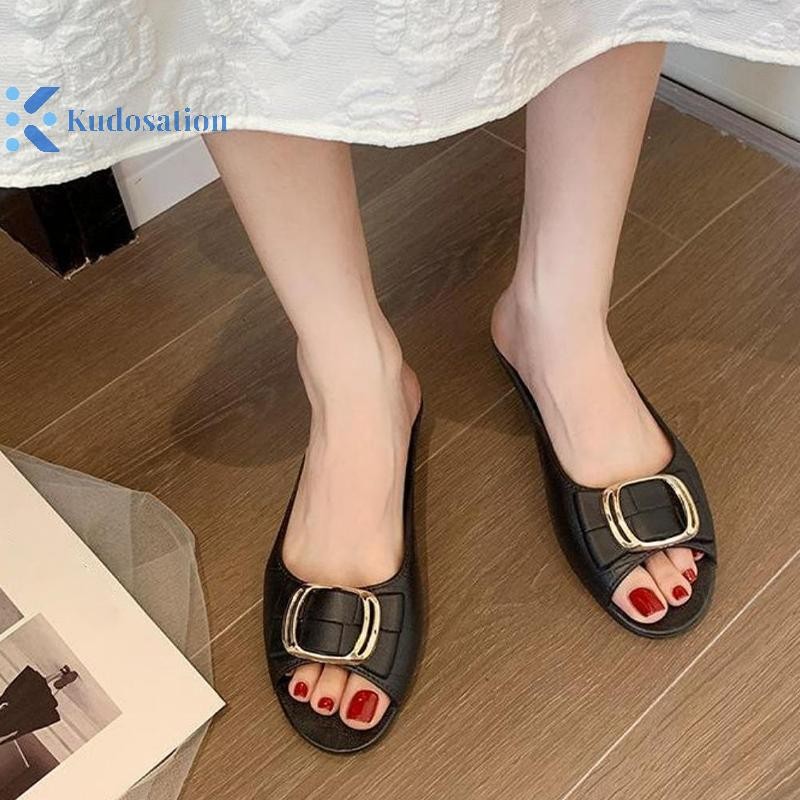 Kudosation Mùa Hè Phong Cách Mới Nữ Nửa Dép Thời Trang Vuông Khóa Gót Dày Ngoài Trời Đáy Phẳng Dép Hàng Ngày