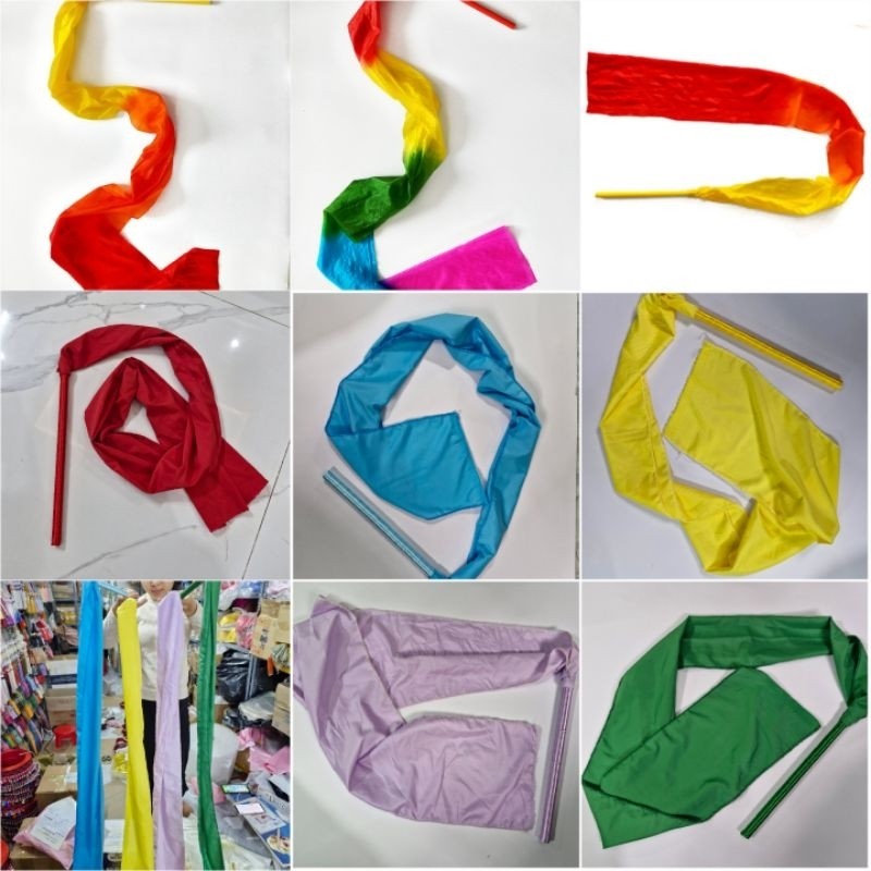 Que lụa múa ngũ sắc, đỏ cam vàng, màu đỏ, màu vàng, và các màu dùng để biểu diễn văn nghệ, đạo cụ phụ kiện
