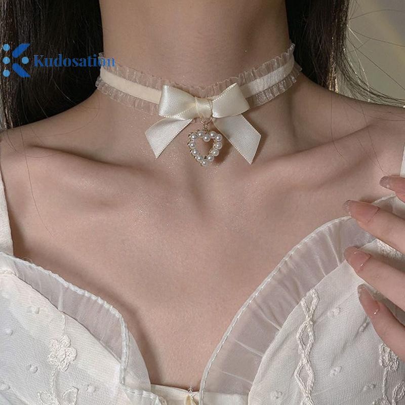 Kudosation Nữ Cổ Dễ Thương Lolitas Handmade Vintage Ren Trái Tim Choker Dành Cho Nữ Gothic Nơ Thắt Cổ Bé Gái Đồng Phục Phụ Kiện