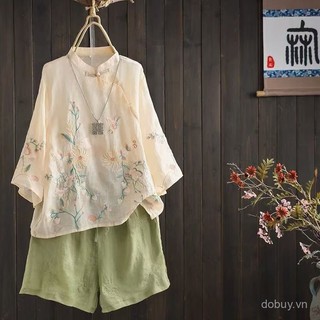 Áo sơ mi vải lanh cotton phong cách Trung Quốc, thêu lớn, cổ đứng, tay 3/4 với nếp gấp và nút ếch