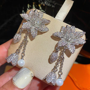 Handmade Hoa Zircon Tua Rua Ánh Sáng Sang Trọng Thanh Lịch Bông Tai Dài Bán Buôn