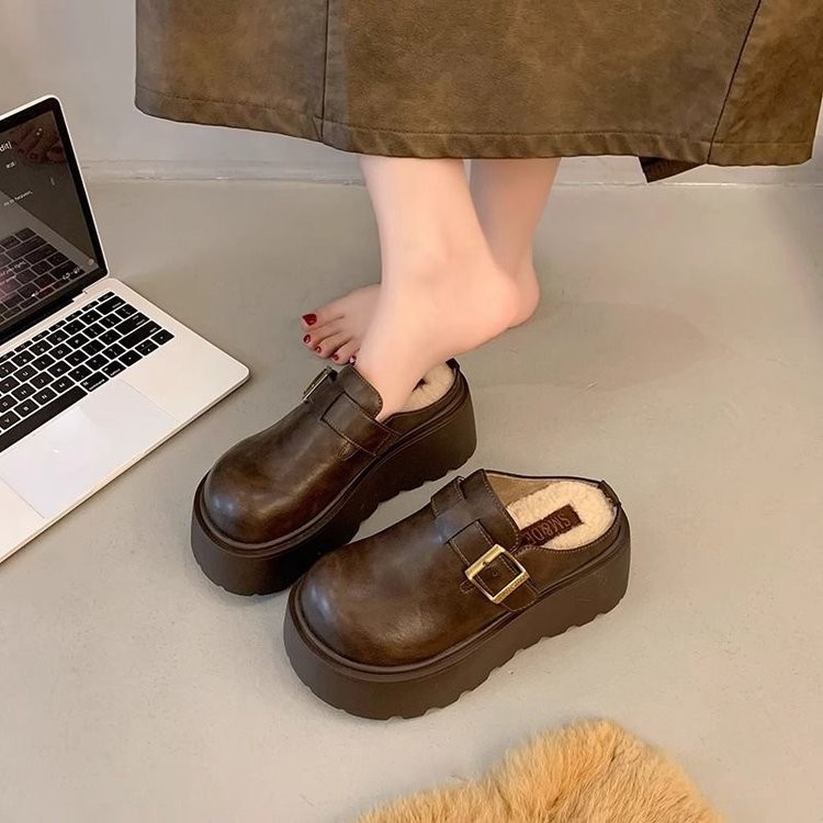Hàn Quốc Retro Phong Cách Mới Cao Su Baotou PU Nền Tảng Đế Cao Gót Dép Thường Ngày Phù Hợp Với Bên Ngoài Mặc Nhà Máy Wholesal