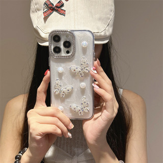 Sang Trọng 3D Ngọc Trai Kim Cương Bướm Wrsit Dây Xích Màu Trắng Epoxy Ốp Lưng Điện Thoại iPhone 16Promax 12 13 14 15 Promax 11 16Plus Chống Sốc Nữ Điện Thoại Di Động