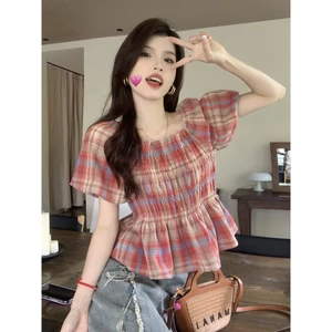Áo sơ mi hoa đỏ lụa phồng tay ngắn kiểu Hàn Quốc - Vải cotton thoáng mát cho ngày hè
