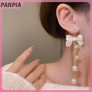 PANPIA-Phụ Nữ Dài Ngọc Trai Nơ Bông Tai Thanh Lịch Thẩm Mỹ Xu Hướng Hàn Quốc Tua Rua Tòn Ten Bông Tai Phụ Kiện Trang Sức Quà Tặng Cổ Tích