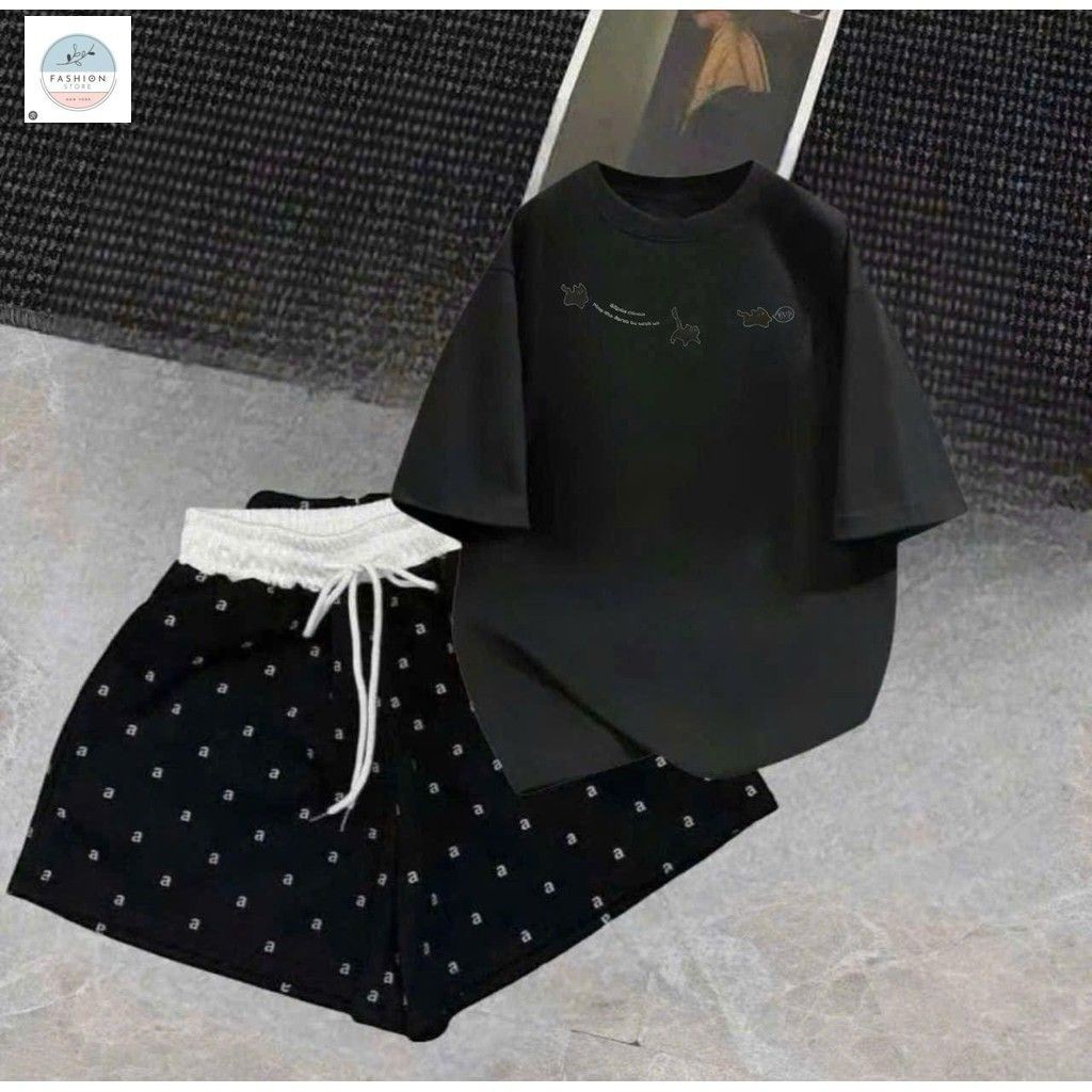sét bộ quần ĐÙI cộc CHỮ A cạp chun màu trắng +mix áo phông -MÈO VÒNG CỔ-QUẦN ÁO 94