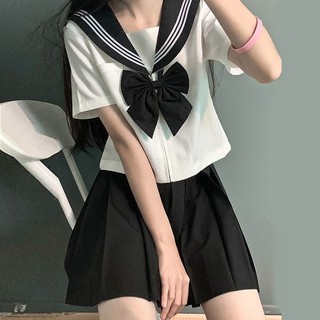 Váy Nữ Preppy phù hợp với trang phục thủy thủ tay ngắn, đồng phục học sinh Nhật Bản màu trắng đen