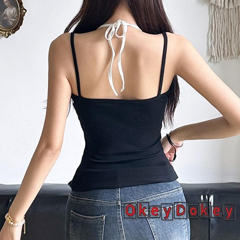 Okdk-nữ Slim Giả Hai Mảnh In Dây Buộc Cổ Spaghetti Dây Đeo Camisole