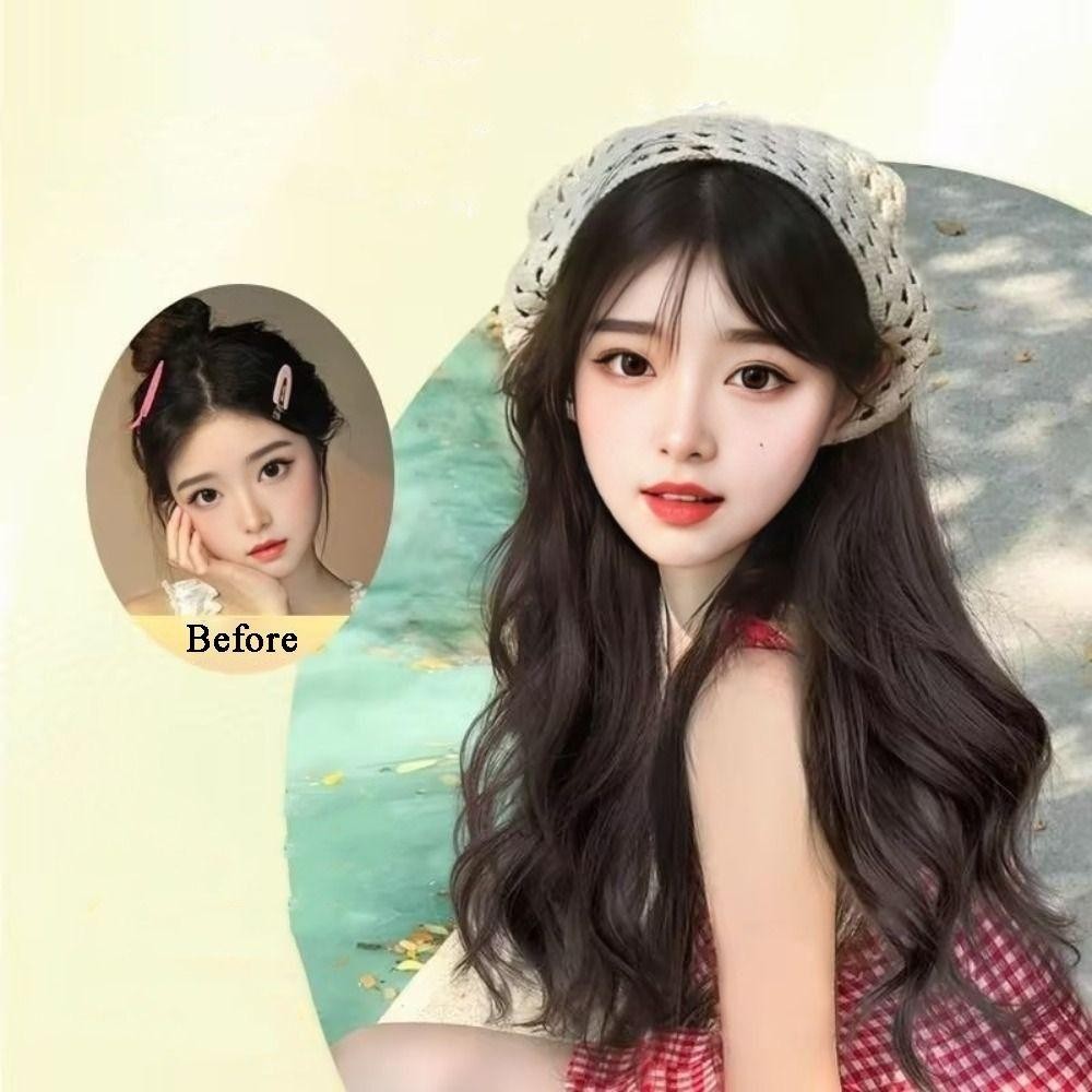 Băng đô giả tích hợp CORALTIDE, Khăn trùm đầu hình tam giác 65CM, Dệt kim rỗng Phong cách trang trại tóc thẳng dài