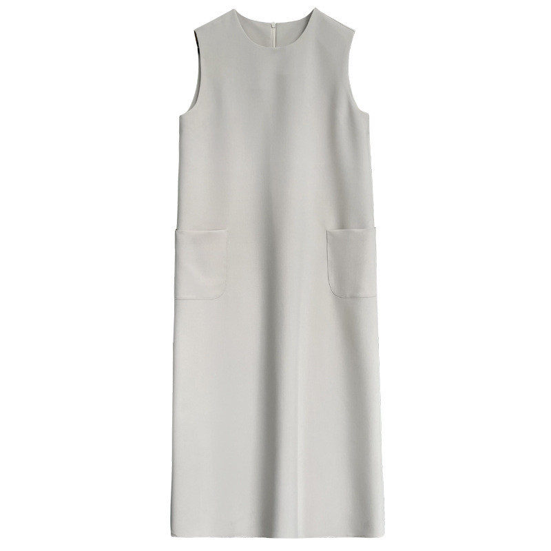 Sang Trọng Đơn Giản Đi Lại Không Tay Phù Hợp Với Áo Vest Đầm Nữ Rời Cổ Tròn Drape Váy Thẳng 3622