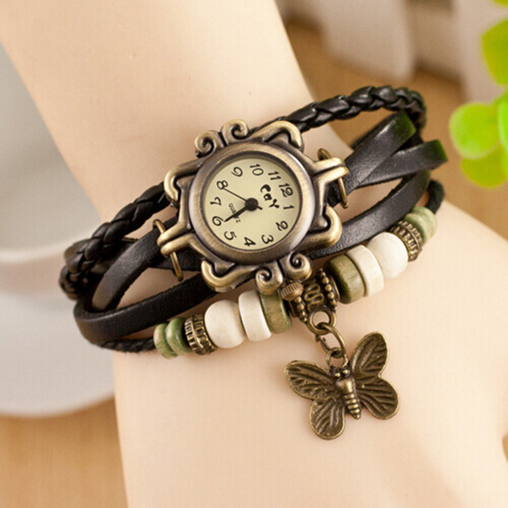 Một thế giới| Bướm Mặt Dây Chuyền Đồng Hồ Vintage Đồng Hồ Đeo Tay Phong Cách Bohemian Nhiều Lớp Bướm Mặt Dây Chuyền Hạt Vòng Tay Vòng Tay Cho Nữ Retro Giả Da Dây Đeo Tay Nữ