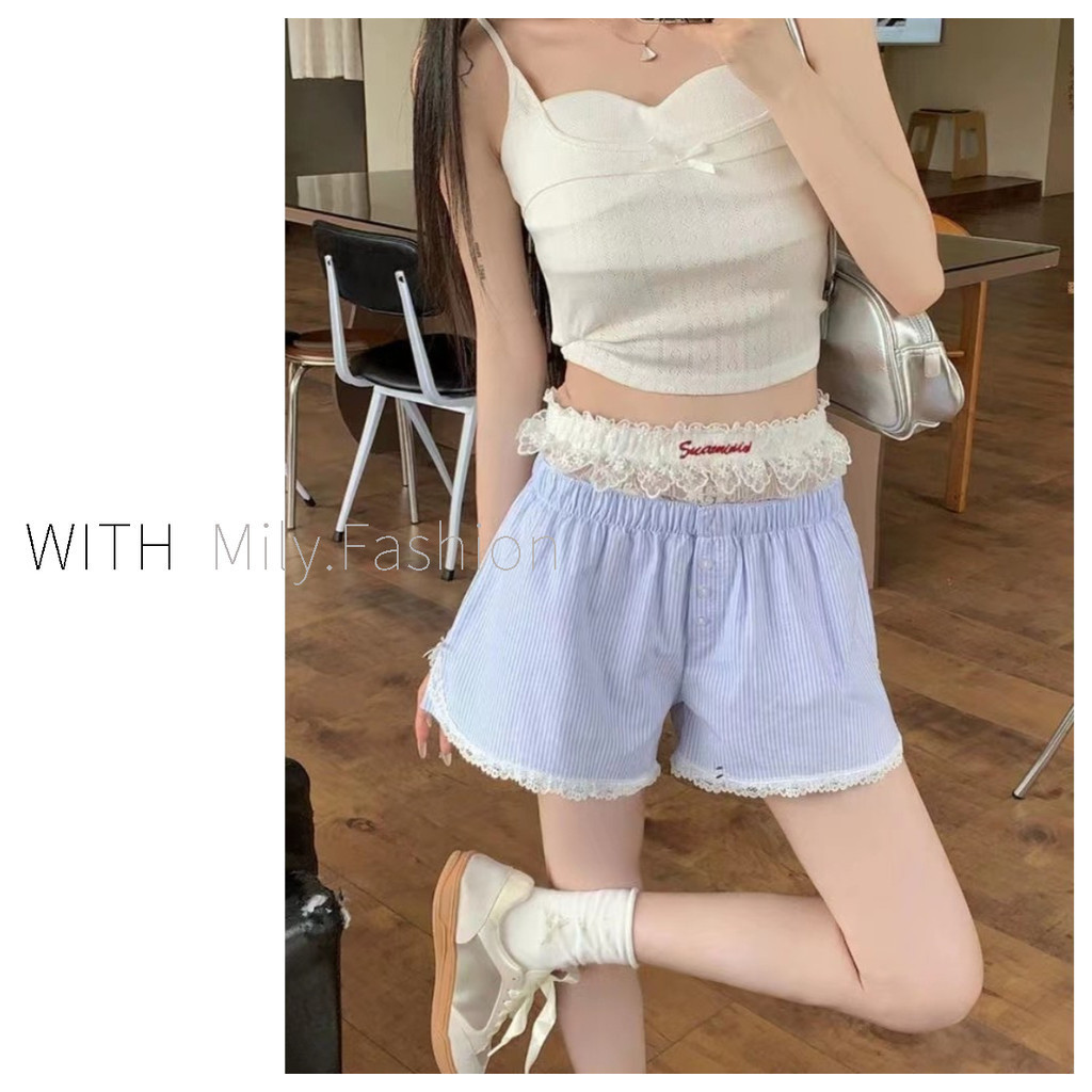 Quần Short Ren Milyfashion Lớp Trắng Mỏng Hơn Nhìn Chữ a Gợi Cảm Y2K Đế Sọc Quần Short