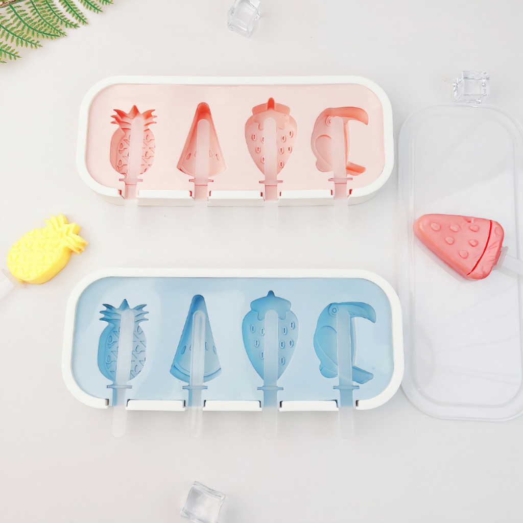 Khay làm kem khuôn làm kem silicone khuôn kem que bộ đồ dụng cụ làm kem cho bé có nắp kèm que tại nhà hình thú dễ thương