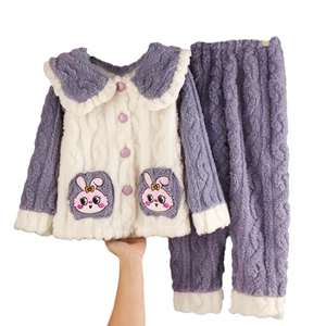 Bộ đồ ngủ lông cừu san hô trẻ em bé gái mùa thu đông flannel dày mặc ở nhà Bộ đồ 8-18 size 280g sang trọng