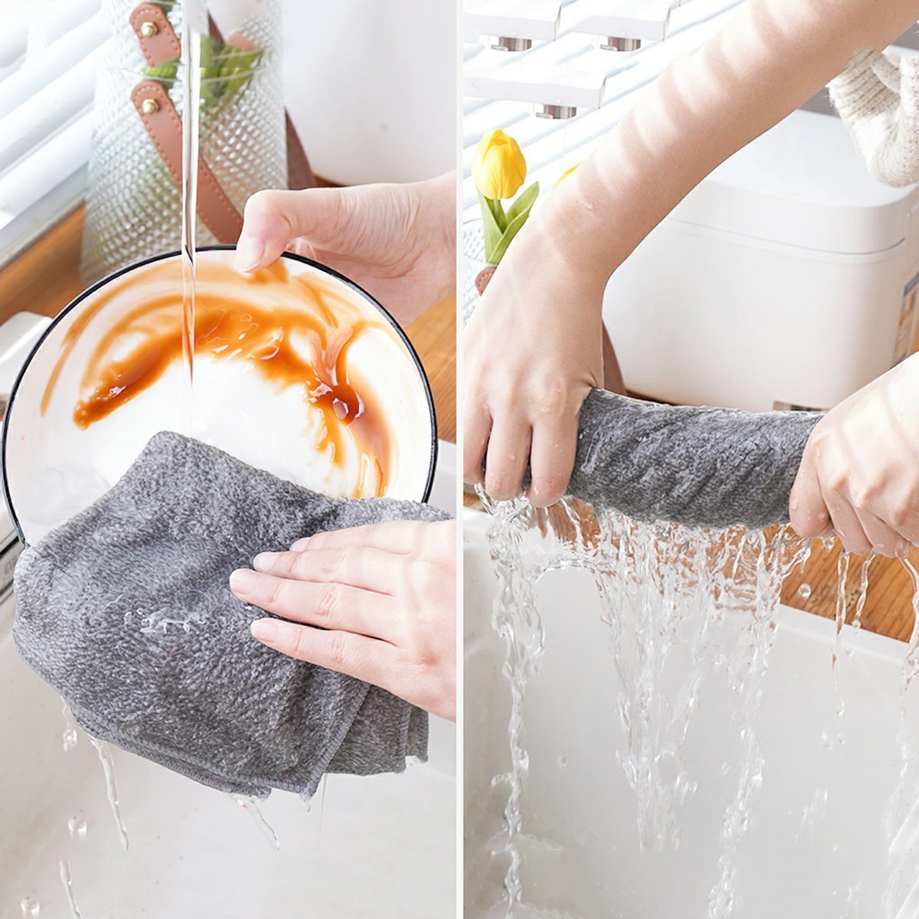 Sét 10 khăn lau tay lau bếp 2 mặt 2 chất liệu, màu ghi sạch sẽ FE123