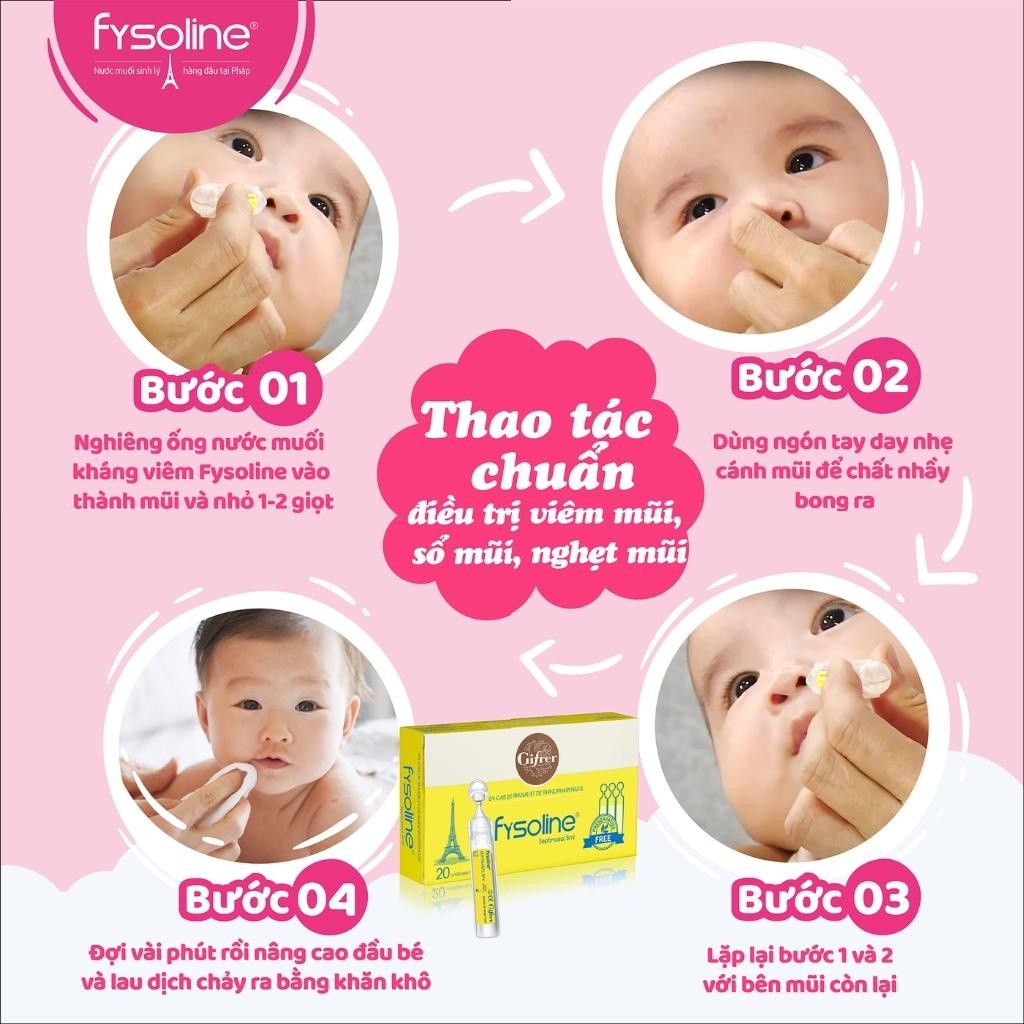 Mô tả Nước muối sinh lí FYSOLINE hỗ trợ kháng khuẩn, hỗ trợ viêm mũi, sổ mũi cho bé (Hộp vàng 20 ống x 5ml) - 5