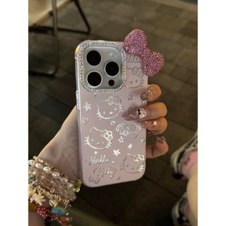 Ốp điện thoại thích hợp màu hồng dễ thương cho mèo KT màu hồng iPhone mềm mại Phong cách mới Khung kim cương-Foundation Star KT Cat + Nơ kim cương hồng