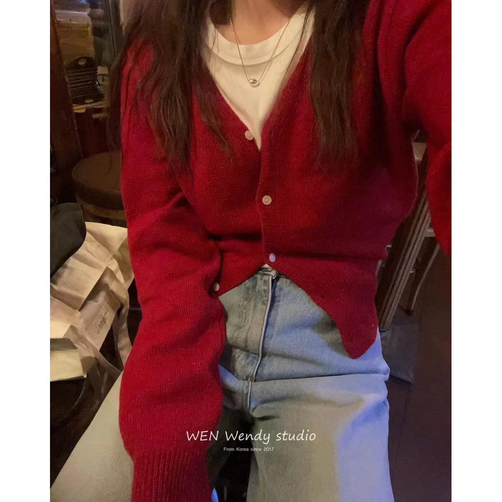 Suxi Retro Màu Trơn Thu Đông Mới Cổ Chữ V Dài Tay Dệt Kim Cardigan Nữ Áo Len Ngắn 240925