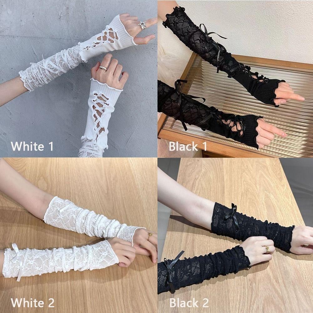 Găng tay ren Lolita punk gothic có dây nơ ngón, phù hợp cho nữ và bé gái chống nắng