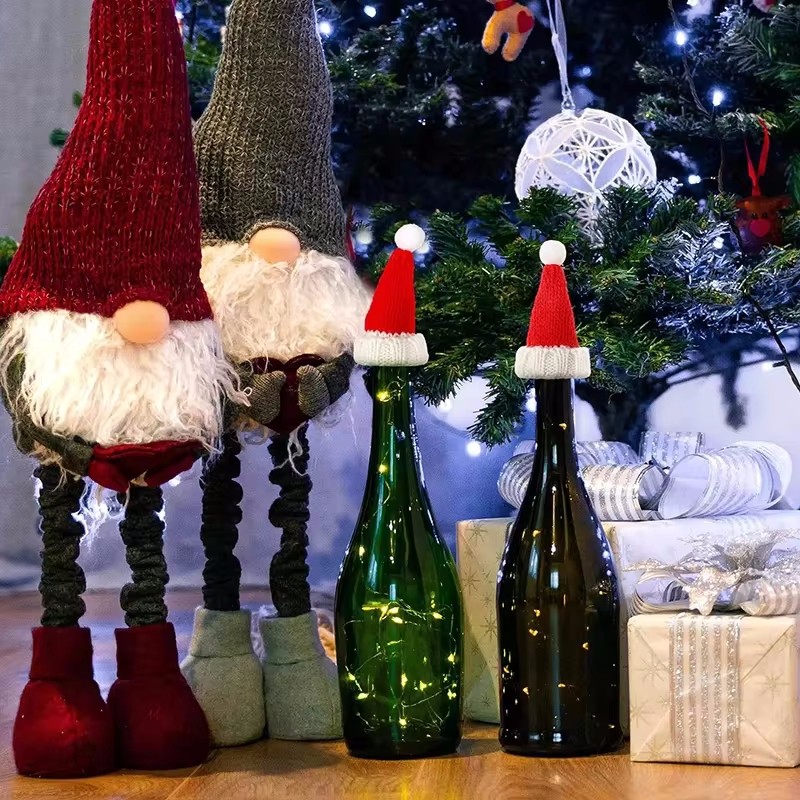 Bộ nắp chai rượu vang dự tiệc Giáng sinh mới Trang trí chai ông già Noel bằng vải dệt kim Mũ đỏ