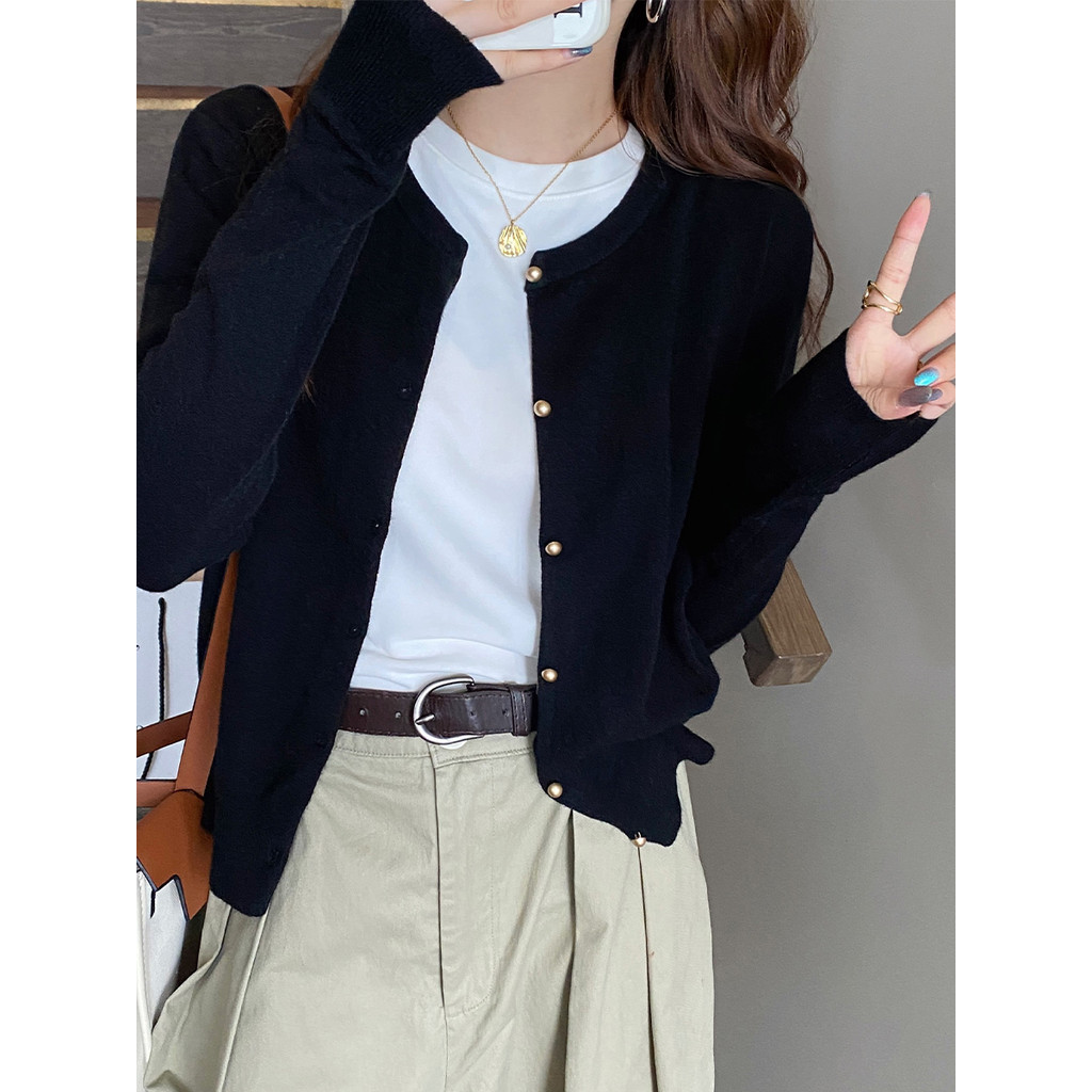 SUXI Casual Đơn Giản Màu Trơn Slim Fit Pháp Retro Mới Dài Tay Dệt Kim Cardigan Áo Len Nữ 241006