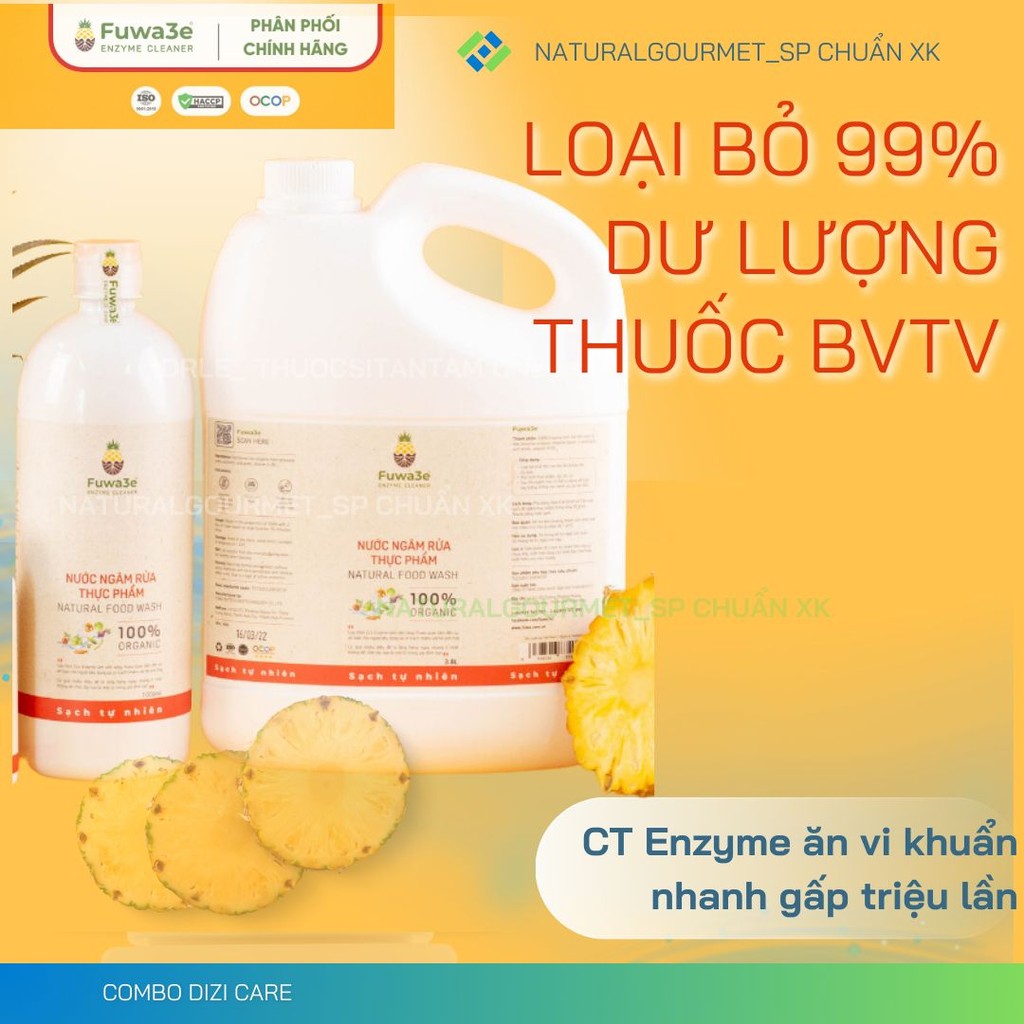 Nước ngâm rửa  rau củ thực phẩm enzyme dứa Fuwa3e làm sạch thực phẩm khử mùi tsau bvtv chất bẩn 3.8L